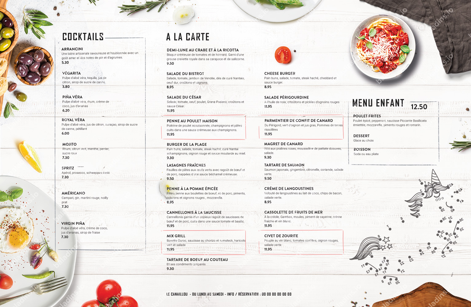 création menu restaurant set de table