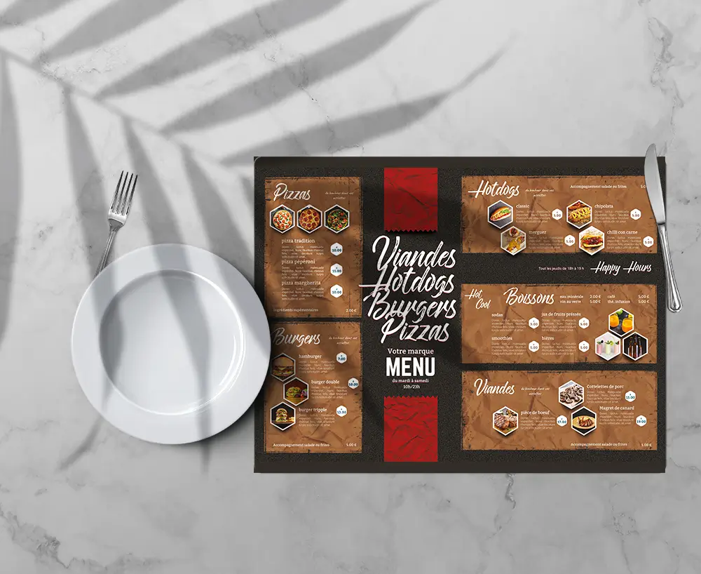 menu set de table, menu fastfood, création de menu fast food, impression de menu